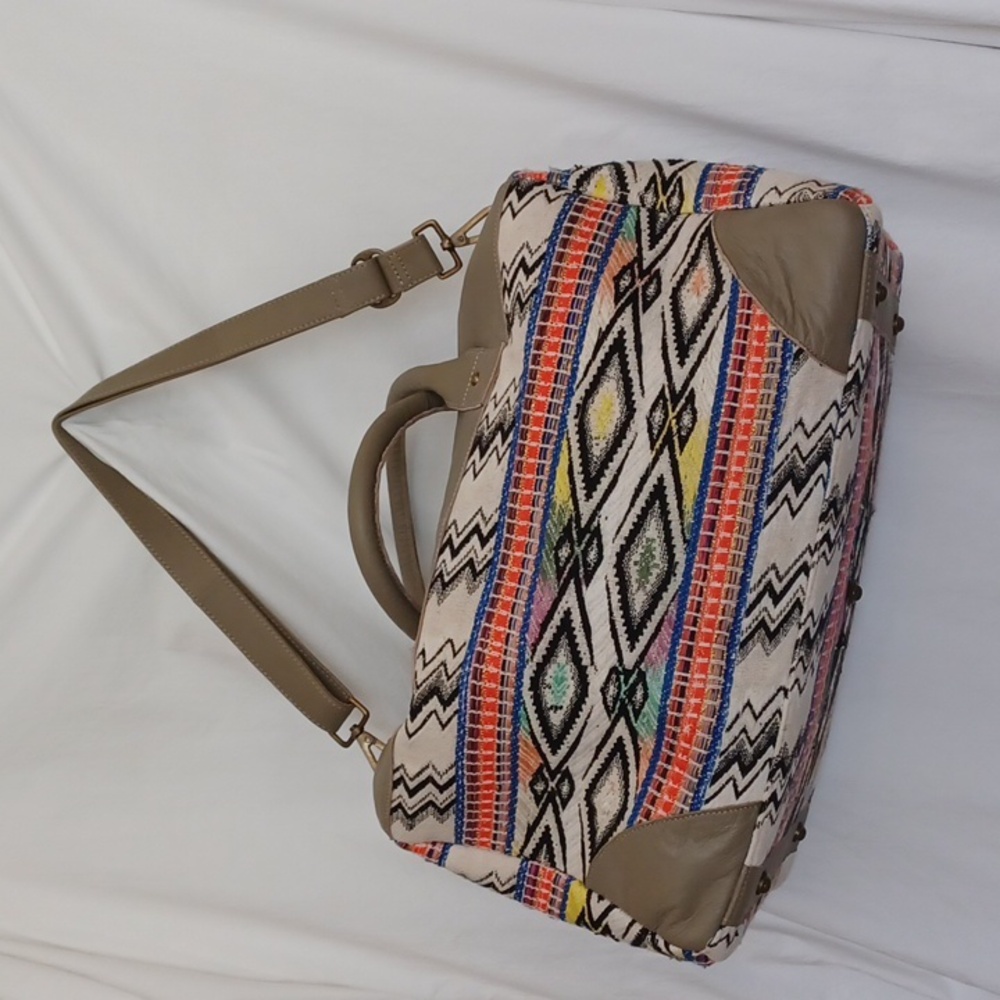 Leather & Acrylic Fabric Kilim Style Large Travel Duffle Weekend Bag India